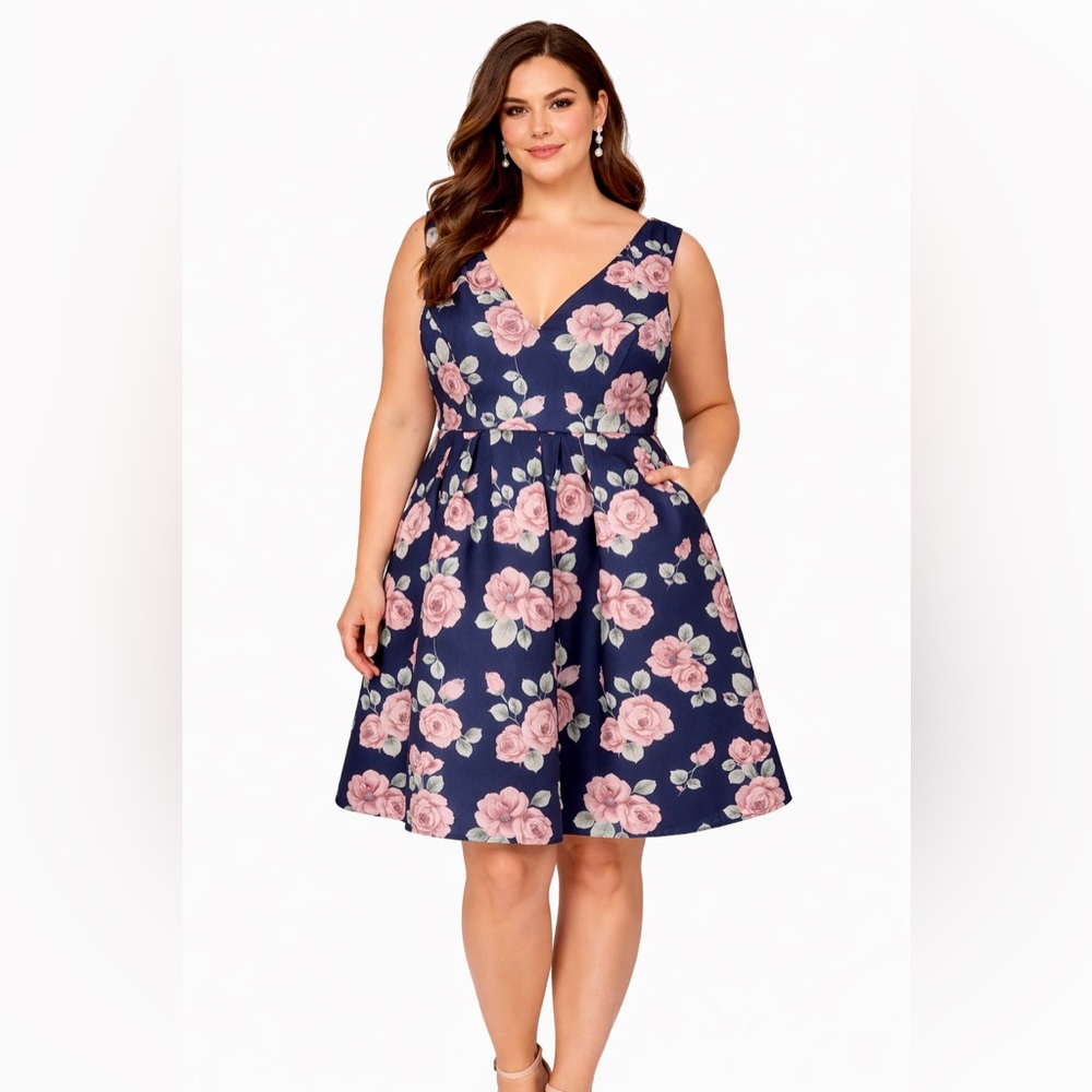 Sleeveless Navy Floral Fit-and-Flare Dress with V-Neck
